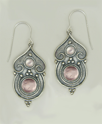 Sterling Silver Gothic Inspired Drop Dangle Earrings With Rose Quartz And Cultured Freshwater Pearl